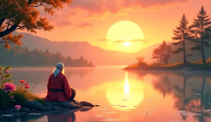 nature scenery. sunset. sparkling, lake. meditation. confucius. fantasy. animation.