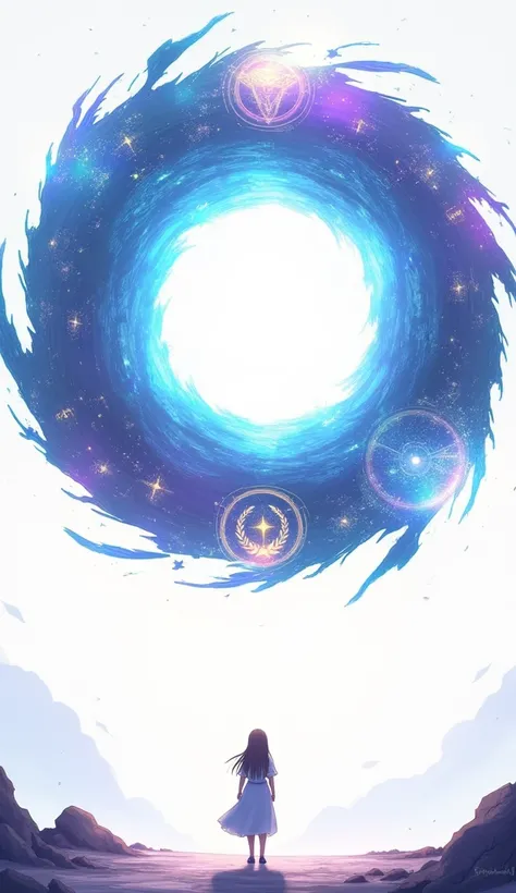 anime style illustration , cosmic portal in thin air , white background 