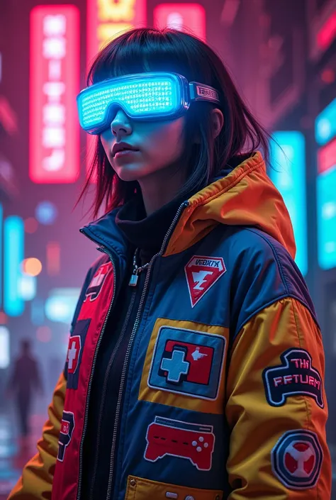 A unique gaming-inspired character, designed to represent gaming eras from the 1980s to the 2010s. The character has glowing neon blue goggles or a visor with pixelated effects, symbolizing CRT visuals. They wear a futuristic jacket with patches inspired b...