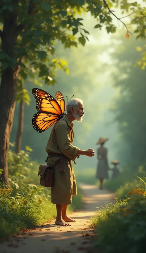 The butterfly said,  "You just have to think about what you want to do. Then you should start working for it."
The old man thought and said,  "I want to help my neighbors. "
The butterfly said,  "Then start tomorrow. "( in 3d character moral  story 