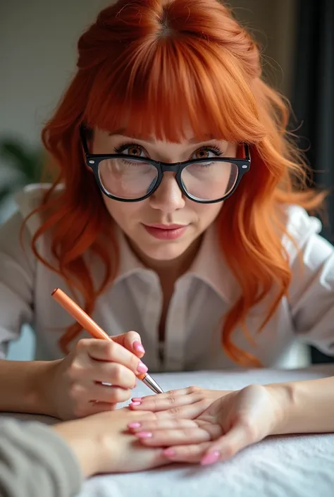  Postcard containing in large letters the following phrase HAPPY NEW YEAR.
 With an image of a red-haired manicurist with bangs , brown eyes and glasses, Let her come out painting nails the other person.