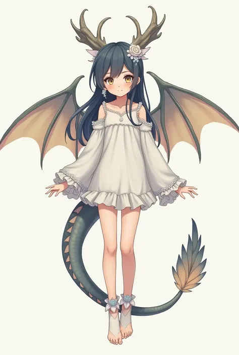 A petite anime girl with dragon features. Scales on her wrists, ankles and neck. Wings and tail behind her. Has an aloof expression.