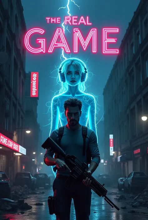  Brendan Greene in a rain-soaked dystopian street, gripping his rifle, his face tense with conflict. Behind him, Yuki hovers in ghostly neon light, her gaming headset glowing as digital lines connect her to Brendan’s neural chip. On the other side, Mia 69’...