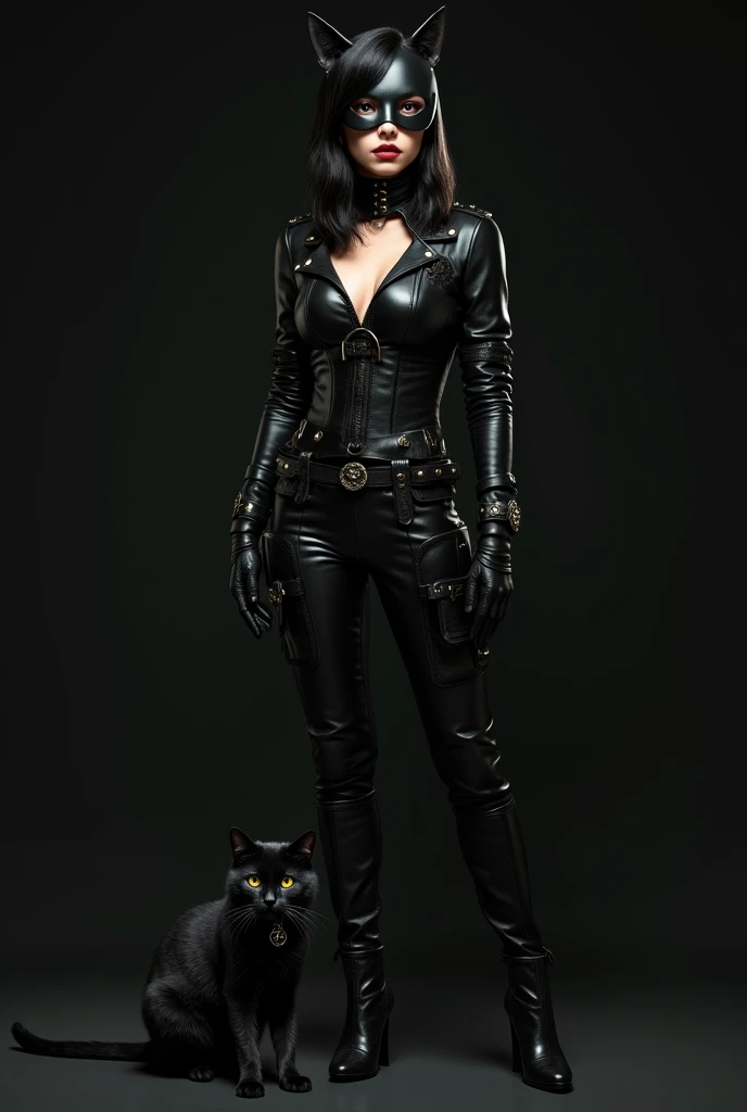  A realistic woman in a fitted black leather suit ,  with a mask with cat ears that partially covers their hair,  revealing only her intense eyes and mouth .  She is in an agile posture , ready to act,  and the costume has subtle details such as stitching ...