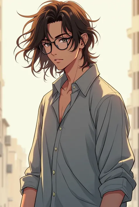 brown hair, long grey shirt, male, anime