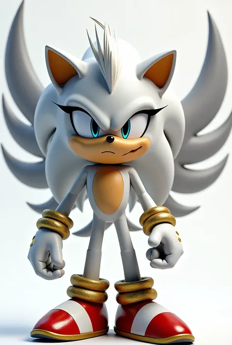  Create a character in the style of Sonic , measuring 121Cm,  in the background that has the shape of Shadows head,  with the skewers up , that you have white gloves ,  whose main color is white , and secondary gold ,  and that has the mushrooms of Sonic ,...