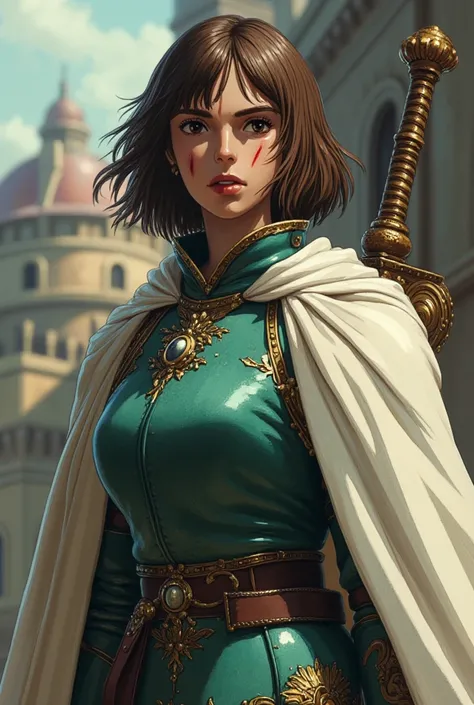 An italian female knight, amber eyes, light brown bob cut hair, a dismissive face, greenish-blue color armor adorned with jewelry & sword, white robes, war wounds, conquered fortress background.