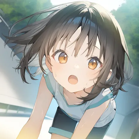 1girl, loli, sweat, shorts, beautiful detailed eyes,open mouth, outdoors,wind, game CG, break,(artist:akinashi_yuu),artist:fujiyama,artist:artist:yuugen,break,(masterpiece), (best quality), (ultra-detailed),(Detailed Lighting), very aesthetic, newest, beau...