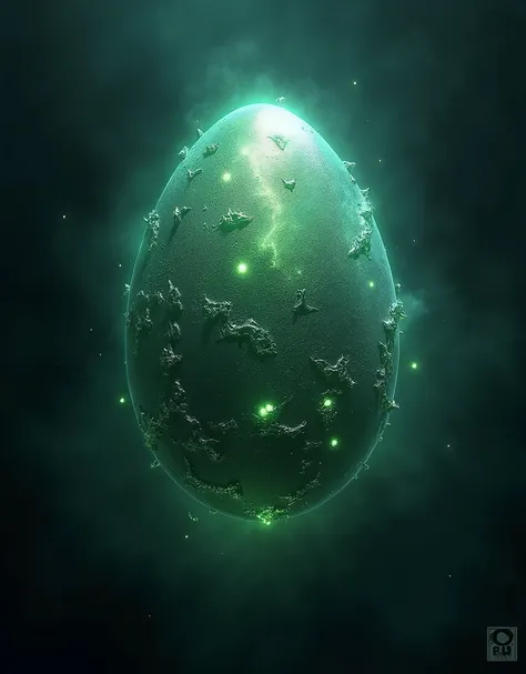 A mysteriously chilling extraterrestrial dragon egg, brimming with paranormal energy, is frozen in time within the image. The dragon egg appears to be a shimmering metallic orb, emitting an ethereal glow against the dark background. The image, a digitally ...