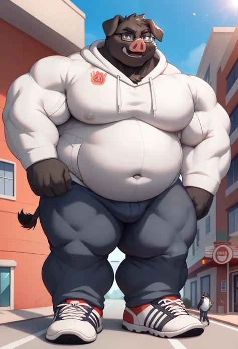 Scribble Pig face,furry(Pig), chubby, big large hyper chubby, big large hyper belly, big strong muscle,( black eyebrows :1.1),(perfect eyes), black fur，alone,（artist:takemoto arashi),（nerd:1.3）， standing, Sneakers，，（Civil :1.3, Hoodie, pants, glasses) Pig(...