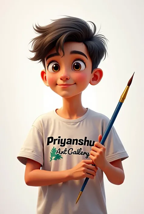 A boy who loves drawing is holding painting brush in his hands and is wearing a white full t-shirt with the word Priyanshu Art Gallery written on it