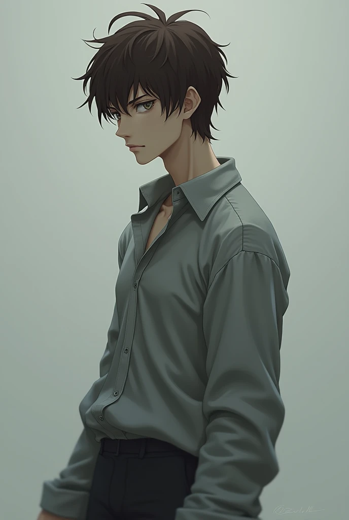 brown short hair, long grey shirt, suguru getou face