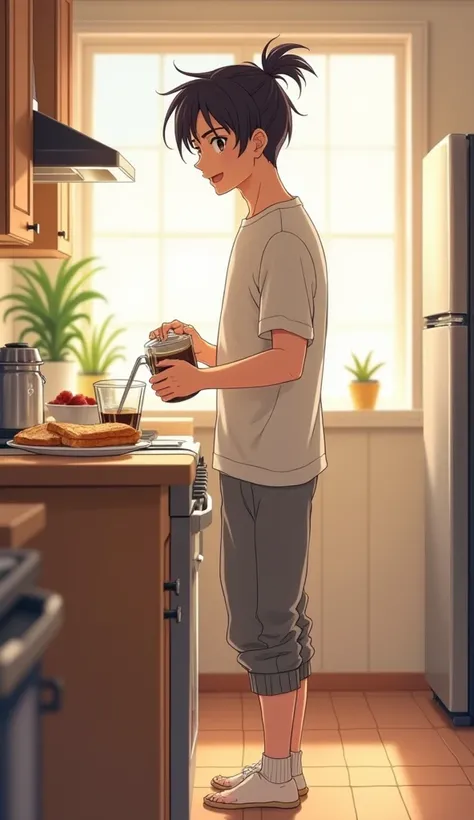 anime style, Jake Around 22-27 years old. Appearance: Energetic and cheerful. Hair is neatly tied up or styled, giving a fresh and awake vibe.
Clothing: Wearing casual morning clothes like a plain T-shirt and sweatpants, or a hoodie with shorts. Barefoot o...