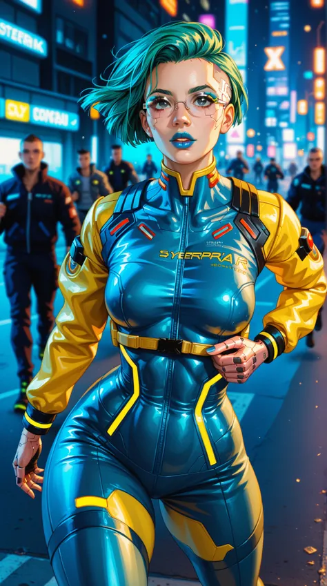 (yellow  Cyberpunk  speed tactical suit:1) (1 woman)  Dark Theme  ::  Focus on close-up face , Confident expression , Thick lips, Aqua Blue Lipstick , flashing tattoo etching ， Black Sturdy Full Set ， Sibetik Glasses , ::  Clean and handsome short hair ,  ...