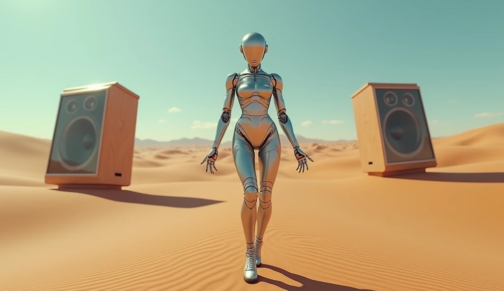 in the desert, android woman with huge breasts dancing, there are big speakers on each side  , 4K, 8 k,  high definition ,  masterpiece fails:1.2,  super detailed ,  realistic, 
photo realistic, photo- realistic:1.37, HDR, contract,  studio lighting , 
 ul...