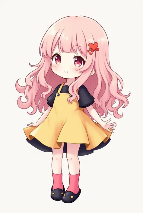 A cute little anime girl with long curly light pink hair and very pale whitish skin (a skin as white as the color of a cloud) Wearing a cute yellow dress with a black dress underneath and short black sleeves, With strands of hair covering their ears, She h...