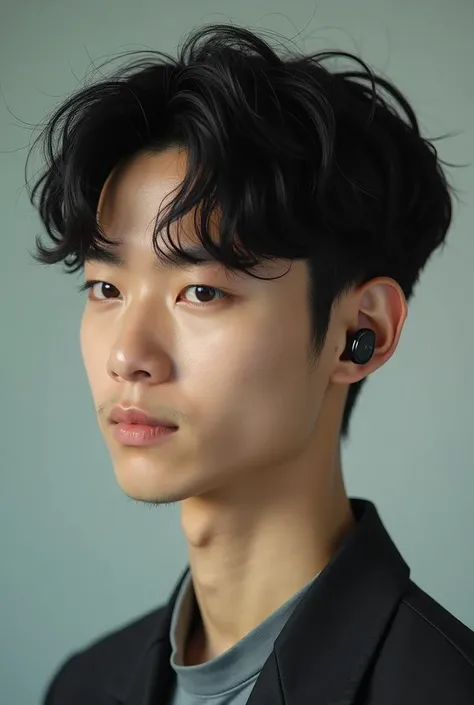 create an image of a young man resembling Song Kang and who has the same kind of hairstyle wich song kang has in My demo. Also make him wear a similiar hearing aid which resembles the widex  unique passion RIC, which is one of the world’s smallest behind-e...