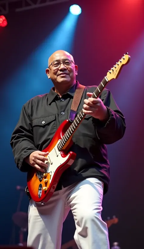 Indonesian men, 28 years old , bald head, a little fat,  clear glasses , puffy suit , white pants, main guitar, Rock,  on stage musical,  face to camera , Front look