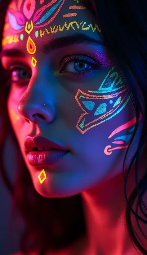 Close-up of a womans face with luminous neon tattoos with Hindu-type designs on her face. Its penetrating blue eyes emit a soft luminescence in bright neon colors such as pink., The orange , the blue and the green, perfectly integrated with her skin . 