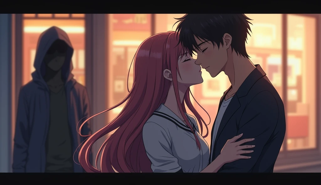 Anime couple kissing at the sstreet infront of a hoodie man