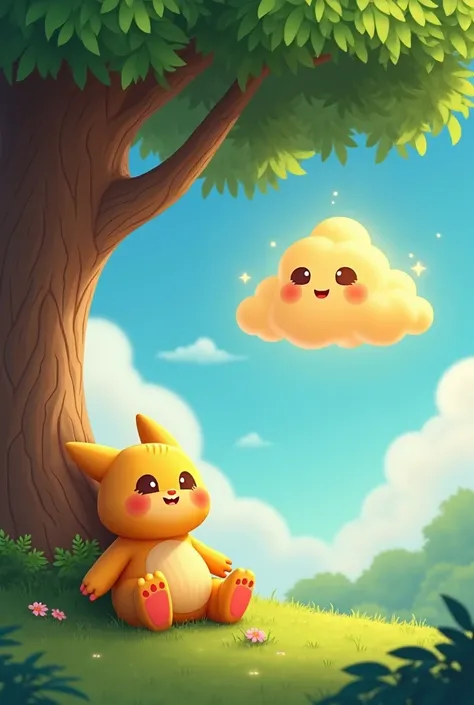 A cheerful a  Arvi sitting under a tall tree with bright green leaves. A fluffy, golden cloud with a friendly face floats in front of him, glowing under a sunny sky.