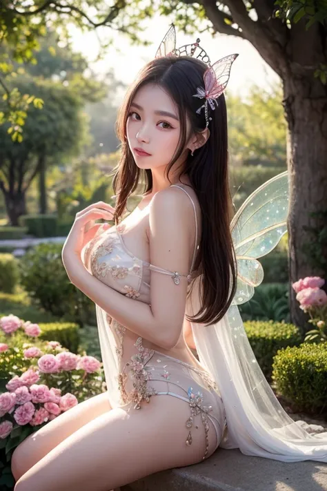 Half-body close-up. A breathtaking Asian model sits gracefully in a mystical garden, surrounded by glowing pink and green light that forms delicate fairy wings on her back. The wings, shimmering with intricate butterfly-like patterns, give her an ethereal,...