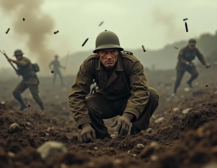 A dramatic cinematic scene of October 1918 during World War I. Depict Alvin York in a chaotic battlefield, crouched and determined, with bullets flying past and explosions in the distance.