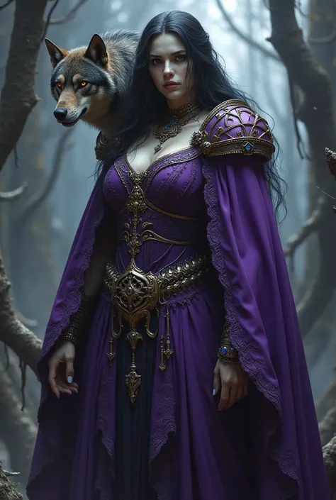 It generates a female ogre dressed in purple with a wolf on her shoulder