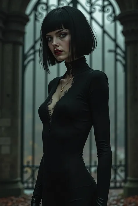 Beautiful female vampire, tall and slender with a black bob haircut, black talons on fingertips, anda puckered scar on her neck. She wears skin tight clothing and a sinister stare. She is standing in the portcullis of the castle in the fae Autumn realm. Ph...