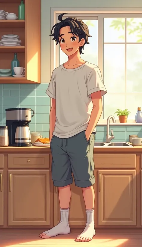 anime style, Jake Around 22-27 years old. Appearance: Energetic and cheerful. Hair is neatly tied up or styled, giving a fresh and awake vibe.
Clothing: Wearing casual morning clothes like a plain T-shirt and sweatpants, or a hoodie with shorts. Barefoot o...