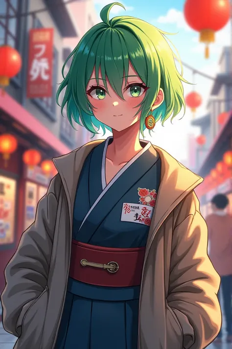 green hair Shortcut 、 S、 put your handS in your jacket pocket、 wearing a jacket 、kimono、Earrings、The background is New Year