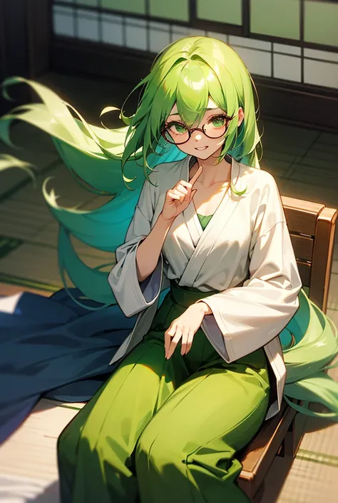 I want you to draw a beautiful two-dimensional girl with green hair and green eyes 、 straight long 19-year-old girl wearing a v-neck knit and short, fluffy pants and sitting in a kotatsu. The skin is white、A neat and clean look、Pretty girl 、 slightly brigh...