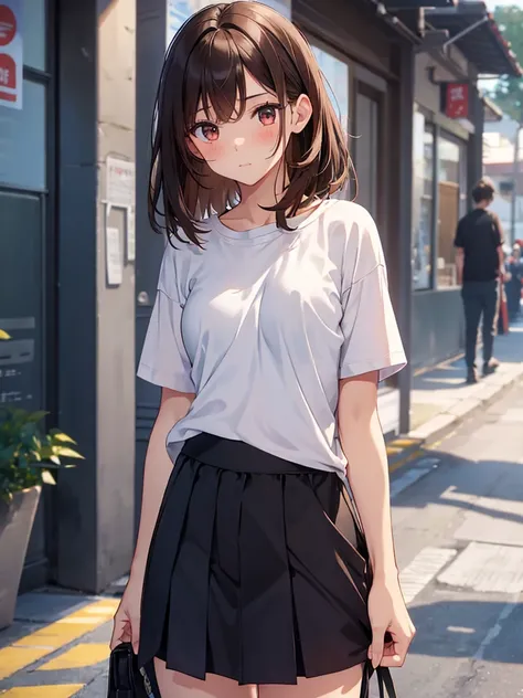 1gIrl,small breasts,small breasts anyway,small chest
large whIte t-shIrt,baggy clothes,black skIrt,medIum haIr,lean forward,upward glance
face close-up,masterwork、Brown haIr、A detaIled eye、（（brown-eyed））,BeautIful and perfect legs, Clean and perfect hands,...