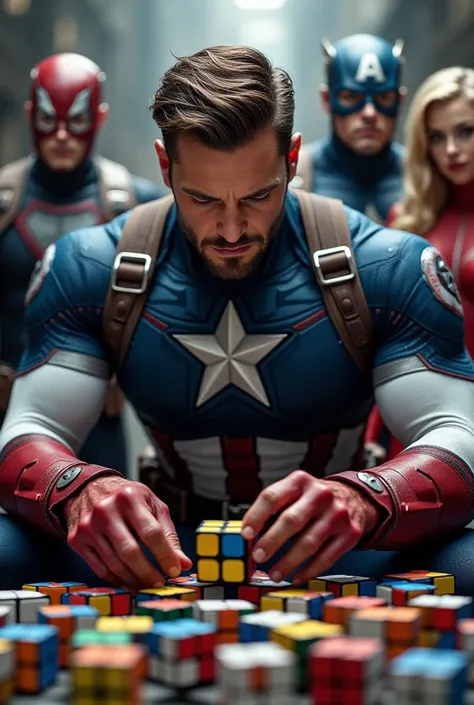 Captain America meticulously arranging Rubiks Cubes, focused and determined, surrounded by other superheroes.
