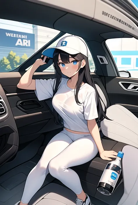 E men with black energie drink bottle  in the hand,angarage oversize white tshirt,white jeans,white jordan shoes,a girl with black energie drink bottle in the hand, sit on bonnet,white leggins,white thshirt, a white bmw x5 ,,angarage text on tshirt,manga,a...