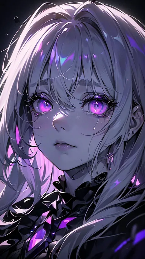 (masterpiece,   Top Quality   ,   super detailed  ),   1 girl,   face with beautiful details  ,      detail eyes, Watch viewers , Purple glowing eyes,((   Grey Theme),((depression,    sadness, melancholy)),Grey Skin,   tired expression   ,   sad,Swollen ey...