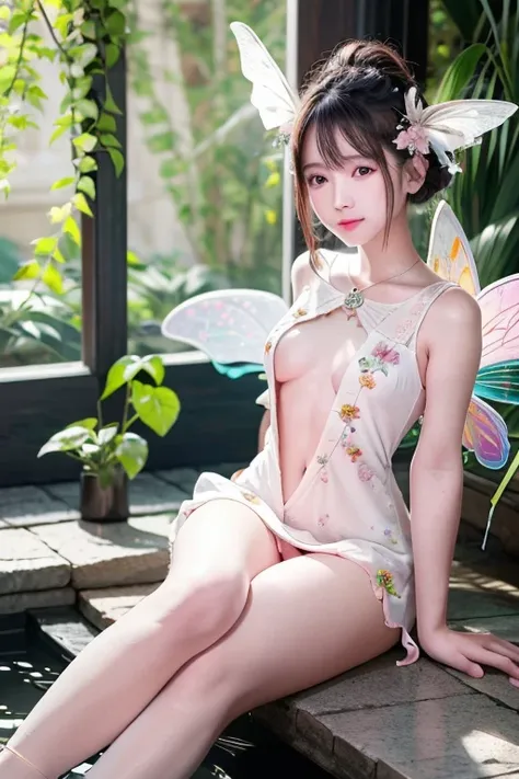 Half-body close-up. A breathtaking Asian model sits gracefully in a mystical garden, surrounded by glowing pink and green light that forms delicate fairy wings on her back. The wings, shimmering with intricate butterfly-like patterns, give her an ethereal,...