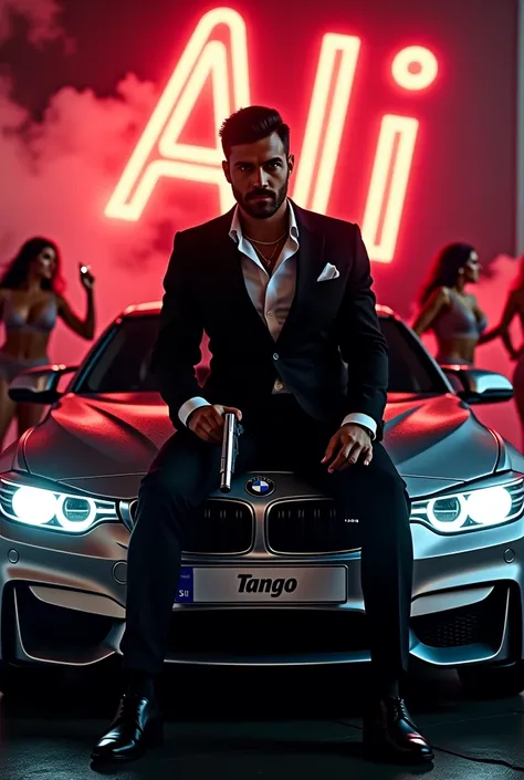 
Create a realistic image where zain is wearing black luxury suit and sitting on BMW car with number plate of tango, hes holding a gun in his hand, there is smoke in background and girls are dancing. In background the name "Ali" is showing in bold and neon...