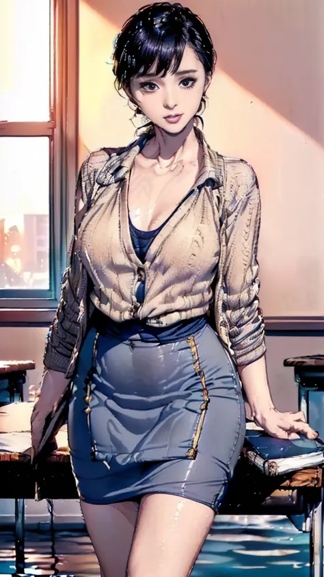 (best quality:2.0), (extremely detailed:2.0), (highly detailed:2.0),(Mami Nagasawa, a mathematics teacher at Himeki Girls’ Academy, wearing a fitted beige knit sweater paired with a dark blue pencil skirt and a light gray blazer, standing at the front of a...