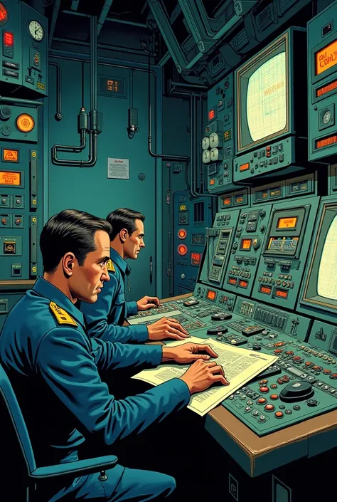 "An interior shot of the control room at the Chernobyl power plant. Engineers in Soviet-era uniforms operate complex panels filled with buttons, switches, and glowing indicators. Their expressions are focused but unaware of the impending disaster. Retro co...