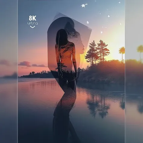  HIGH QUALITY, 8K ultra HD, Una hermosa double exposure que combina una silueta de diosa con la costa al atardecer,  the coast at dusk should serve as a backdrop ,  with its details incorporated in the goddess , sharp lines, The background is monochrome,  ...