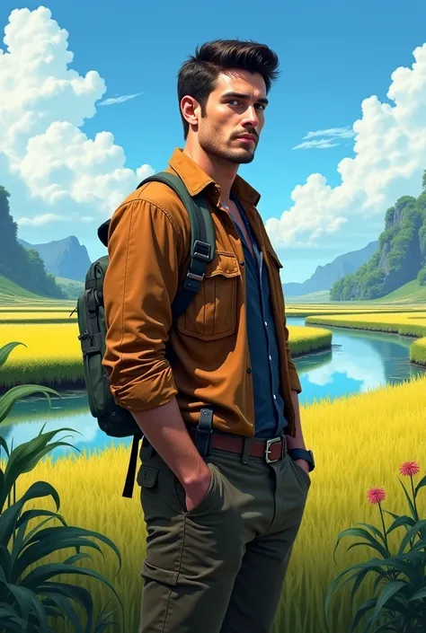 A black-haired, handsome man, standing with a thin smile, against the background of rice fields and a clear river, blue and bright sky, wearing camping clothes. 