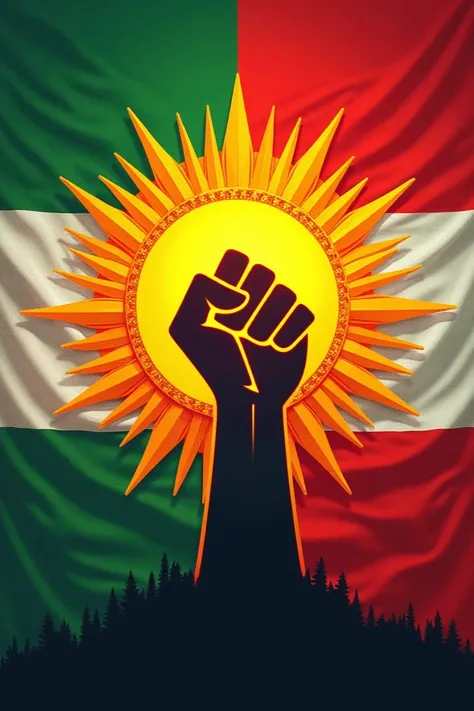 Flag of a country with the colors green , therefore, White, red,  with yellow sun emblem and fist in the middle.