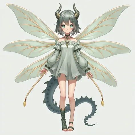 A petite anime girl with dragon features. Scales on her wrists, ankles and neck. Wings and tail behind her. Has an aloof expression and isotoxal star pattern on her irises.