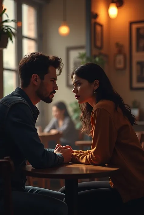  The 25-year-old man and woman are sitting in a cafe like they are talking about something very important. But the womans face looks sad 