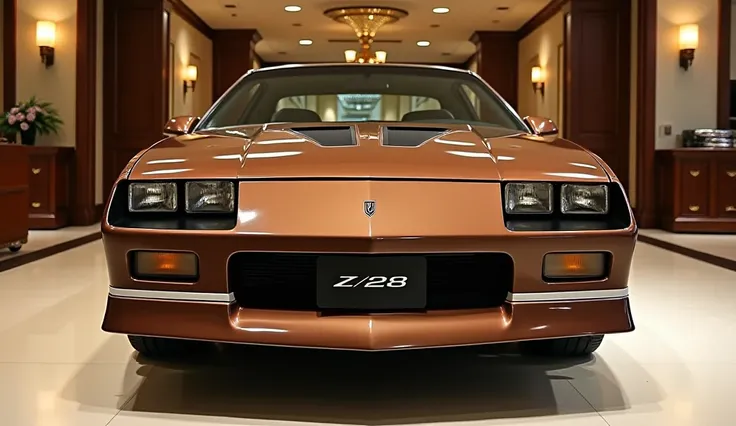 A classic 1989 Chevrolet Camaro Z/28 muscle car, now named Camaro Z/28 Supreme, prominently displayed in a luxurious showroom front view. The car is painted in a rich chocolate brown color with subtle white accents, featuring a polished chrome logo on the ...