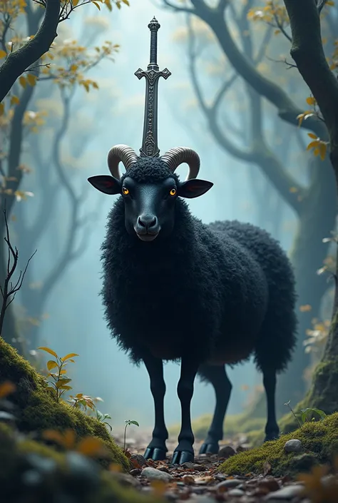 a black sheep with a sword attached to its head, that sword stands like a unicorns horn