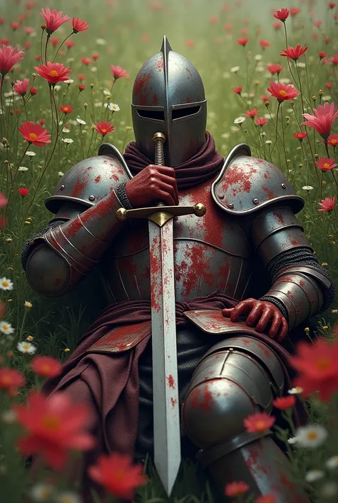 Wounded knight with blood all over his armor and helmet, lying in a flower field while still holding hia sword