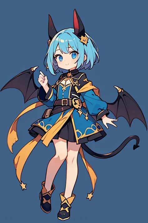 Simple, background, cel shading, cute style, fullbody.

1 girl, solo, , teen years old, 1.20 meters heigh , fantasy, Waist-length dark blue hair, blue eyes, a pair of a black bat like wings, blue demon tail, fantasy student black, blue and gold clothes,fem...