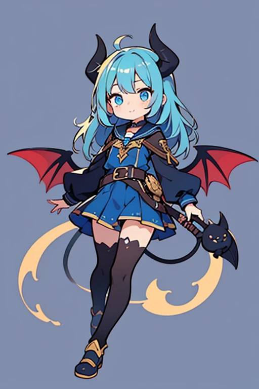 Simple, background, cel shading, cute style, fullbody.

1 girl, solo, , teen years old, 1.20 meters heigh , fantasy, Waist-length dark blue hair, blue eyes, a pair of a black bat like wings, blue demon tail, fantasy student black, blue and gold clothes,fem...